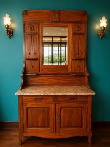 Lavabo Antigo com Espelho e Tampo em Mármore | Madeira Maciça Estilo Art Nouveau