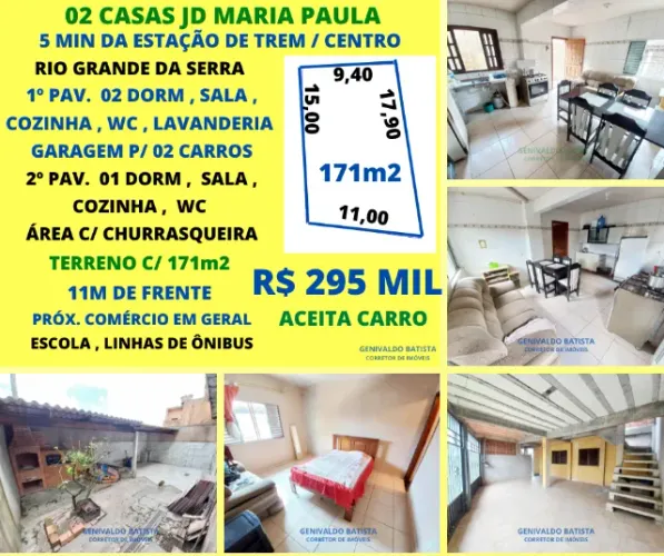 02 Casas Garagem p/ 02 Carros Jardim Maria Paula 05 min pé da estação de trem