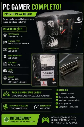 Pc gemer  com placa de vídeo rx550 4gb. Intel Core i5 34708GB de memória RAM DDR3..