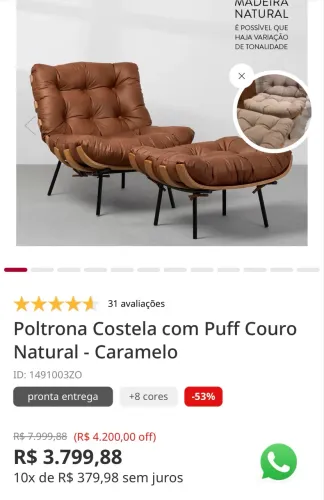Poltrona costela couro legítimo conjunto