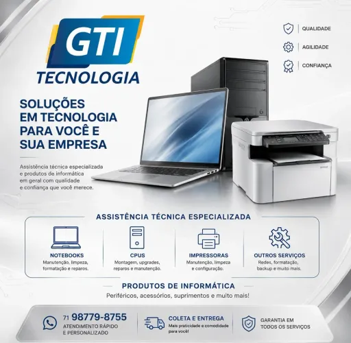 Manutenção e venda de notebooks, impressoras, CPUs e nobreaks.