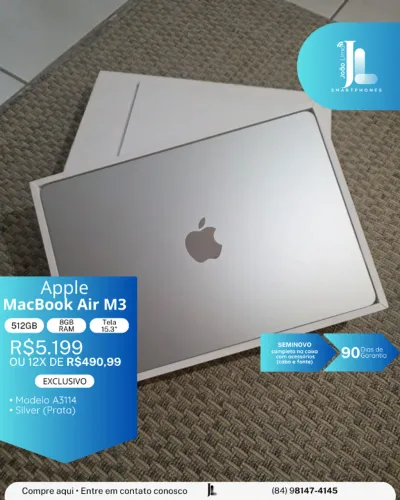 MACBOOK AIR M3, 512GB, 8GB RAM, TELA 15.3 POL., SEMINOVO, EXCLUSIVO!