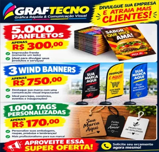 Promoção: 5000 panfletos , 3 wind banners , 1000 tags personalizadas