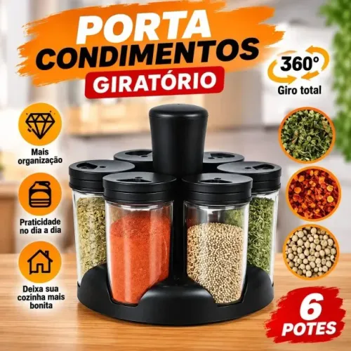 Porta-Condimentos giratório 360° com suporte preto e 6 potes transparentes com tampa