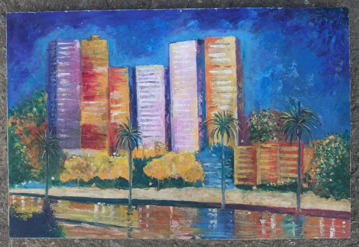 Quadro Cidade E Palmeiras - Assinado oléo sobre tela