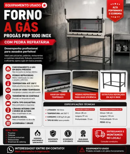 FORNO A GÁS COM PEDRA REFRATÁRIA - PROGÁS PRP 1000 INOX