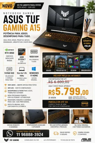 Notebook TUF Gamer ASUS A15 RTX3050 AmMD Rayzen7 16GB SSD 15,6" Novo Lacrado