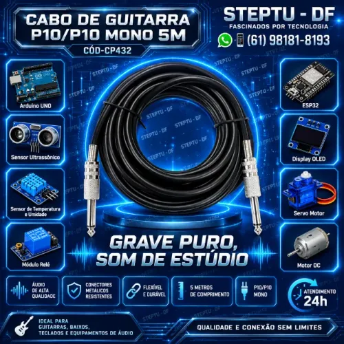 Cabo De Guitarra P10/p10 Mono 5m Arduino Automação Robotica COD-CP432 