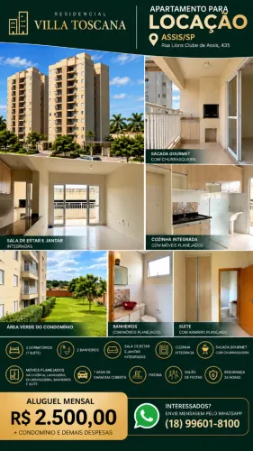Apartamento 2 dormitórios com suíte e sacada gourmet - Villa Toscana, Assis