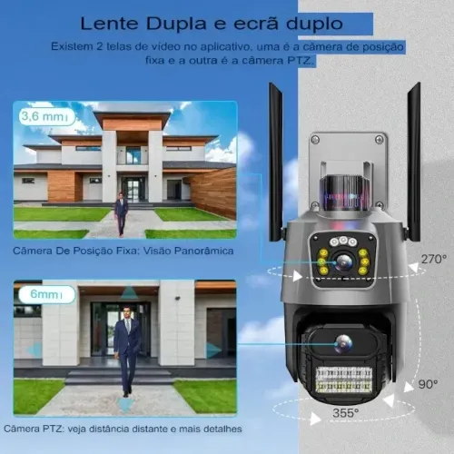 Câmera com Sirene Policial Lente Dupla 2x 3mp Externa 360° A prova Dágua Cor Cinza