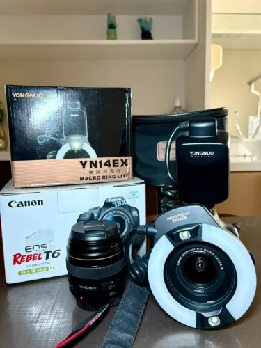 Canon EOS Rebel T6 + lente 18-55mm III + lente Yongnuo YN100mm F2 + flash macro Yongnuo YN