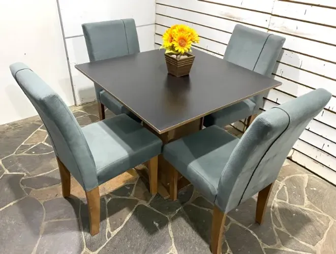 Mesa 90x90cm + 4 cadeiras suede (Opção vidro por cima)