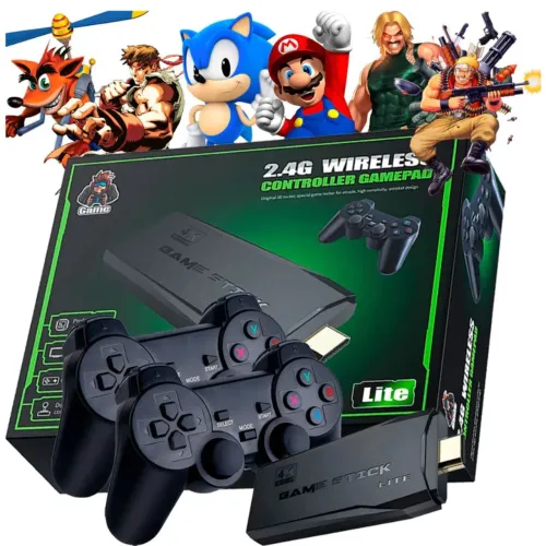 Vídeo game stick retro com 2 controles sem fio e milhares de jogos