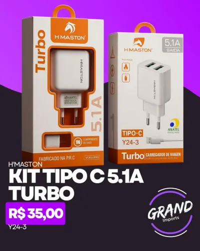 Kit cabo e carregador Tipo C turbo