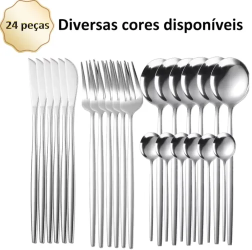 Conjunto de talheres em aço inox prata 24 peças