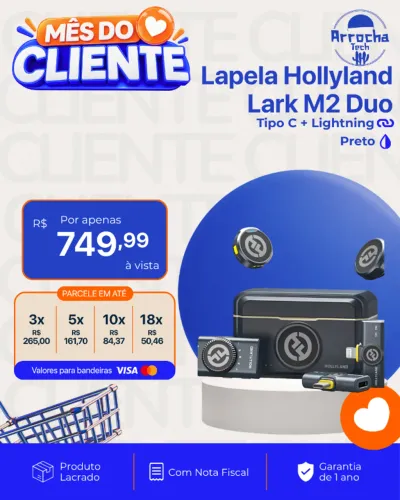 Microfones Sem Fio Lapela Hollyland Lark M2 Duo Preto - Tipo C e Tipo Lightning - Lacrado