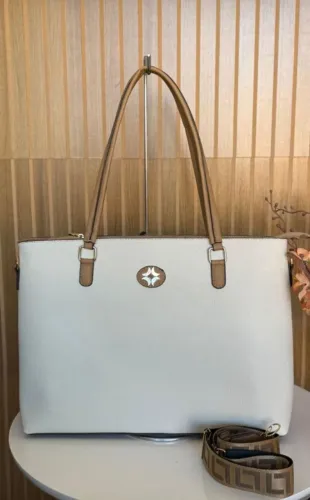 Bolsa Tote Monograma Luz da Lua Off-White Alças Tom Caramelo - Premium Feminina