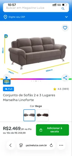 Conjunto de sofás 3 e 2 lugares Marselha Novo