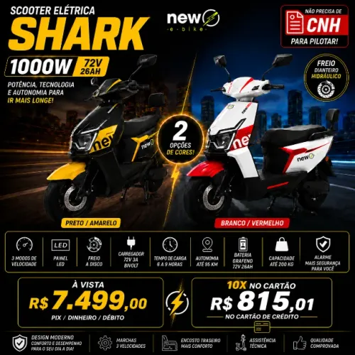 Scooter Elétrica New E-Bike Shark 1000W 72V Grafeno Até 95km Autonomia