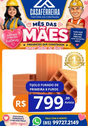 TIJOLO FURADO DE PRIMEIRA COM 8FUROS 