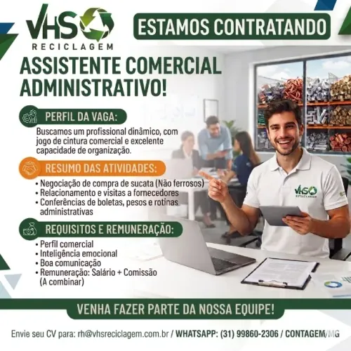 Vaga de Emprego: Assistente Comercial em Contagem - Salário + Comissão