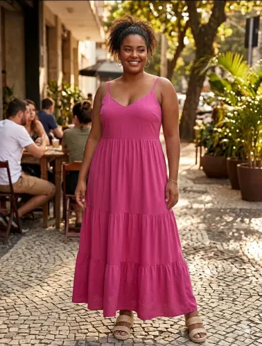 Vestido longo na cor rosa, alças finas tecido fresco