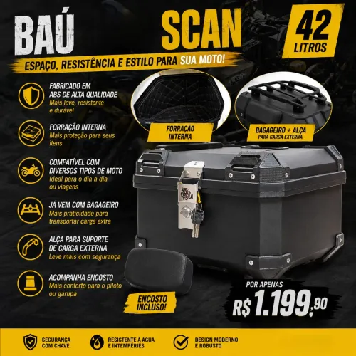Baú Leto Scan 42 Litros em ABS com Encosto, Forração Interna e Bagageiro - Universal