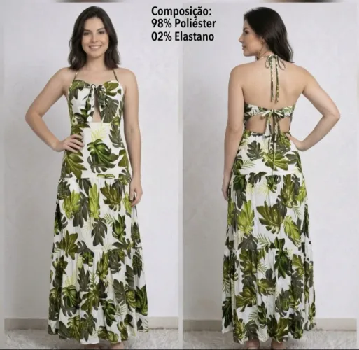 vestido longo tropical folhagem M