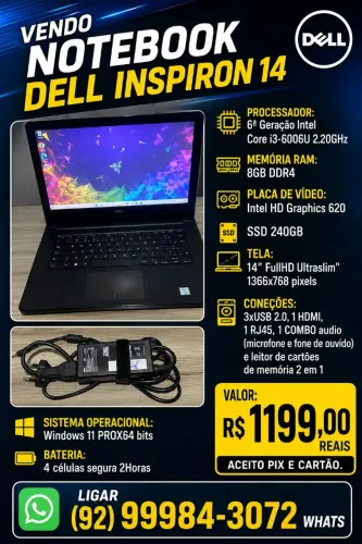 Vendo Notebook Dell i3 com SSD ótimo pra estudos/ escritório/ Delivery/ universitários 