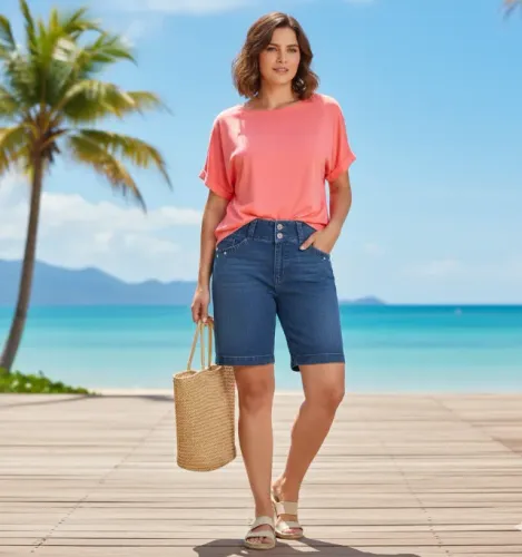 Bermuda Jeans Feminina Plus Size Shorts Bordado Verão