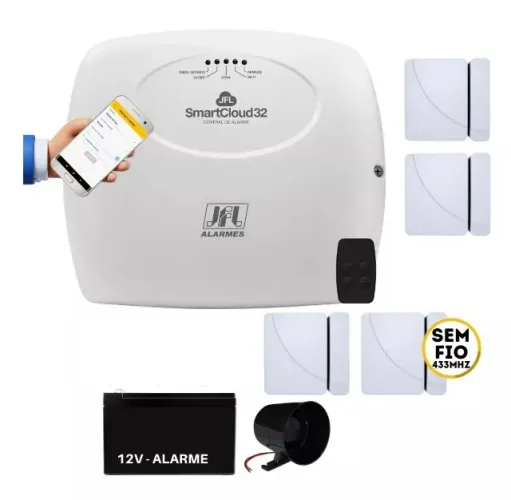 Kit Alarme JFL monitorado por aplicativo SmartCloud 32 com 4 magnéticos sem fio (NOVO)