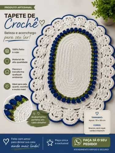 Tapete Crochê Artesanal 70x50 - Acabamento Perfeito - Decoração Aconchegante