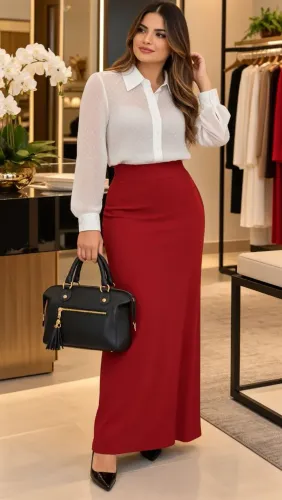 Seu look com estilo. Saia longa e camisa de tule