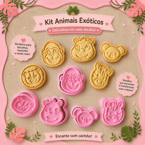 KIT CORTADORES E MARCADORES DE BISCOITO - ANIMAIS EXÓTICOS- 5 PEÇAS