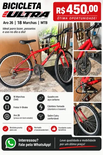 Ultra Bikes MTB Aro 26 Carbon Steel, 18 marchas, V-Brake!