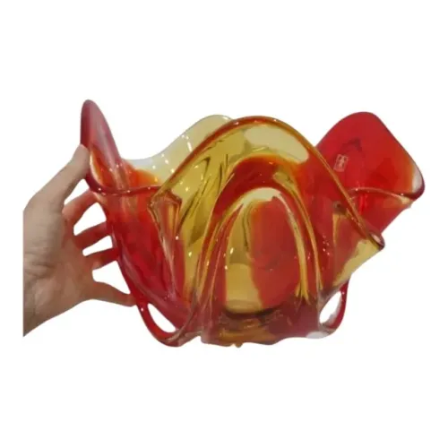 Grande Centro De Mesa Cachepô Murano São Marcos Cristal Vermelho E Âmbar 