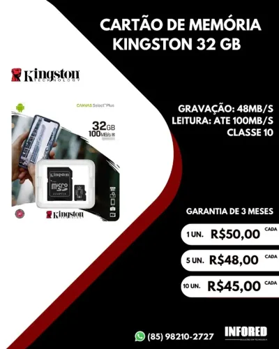 Cartão de Memória Kingston de 32gb Classe 10