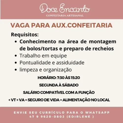 Vaga de Auxiliar de Confeitaria - Com Experiência