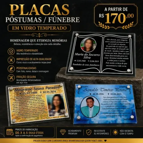Placas Postumas Funebre Em Vidro Temperado Diversas Medidas