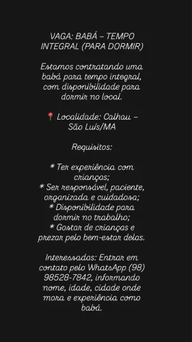 Vaga para babá