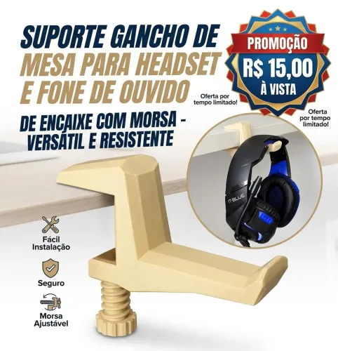 Suporte Gancho de Mesa para Headset e Fone de Ouvido de Encaixe com Morsa - Creme