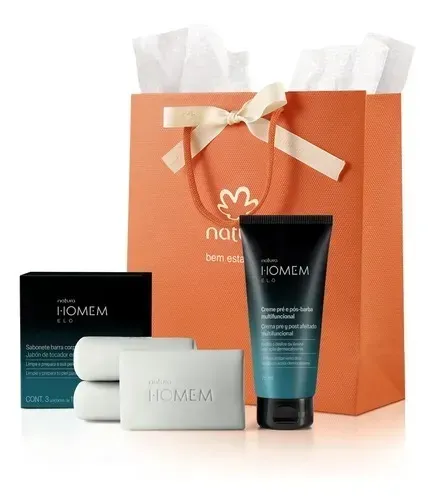 Kit Natura Homem Elo - Sabonetes Barra Corpo e Barba 3 uni e Creme Pré e Pós Barba