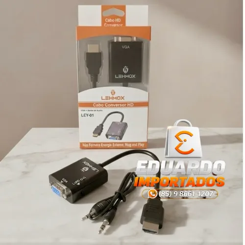 Conversor de Vídeo HDMI para Tela Monitor VGA + Cabo Auxiliar de Áudio P2 3.5mm 