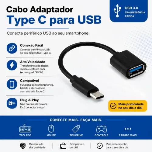Cabo Otg Tipo C X Usb Conecte Pen Drive/mouse No Celular