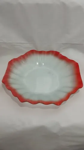 Fruteira de Vidro Opalino Branco e Vermelho Decorativa - vintage