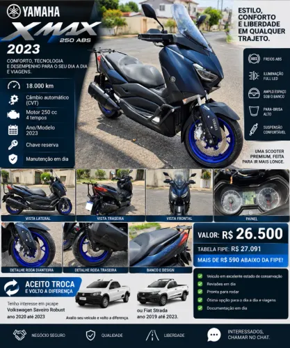 Yamaha XMAX 250 ABS 2023 | 18 mil km | R$ 26.500 | Aceito Saveiro ou Strada