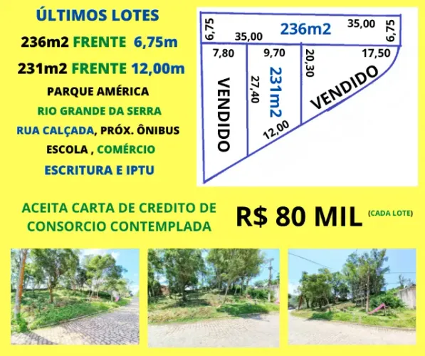 Últimos Lotes 231m2 e 236m2 boa topografia Parque América Escritura Aceita Carro