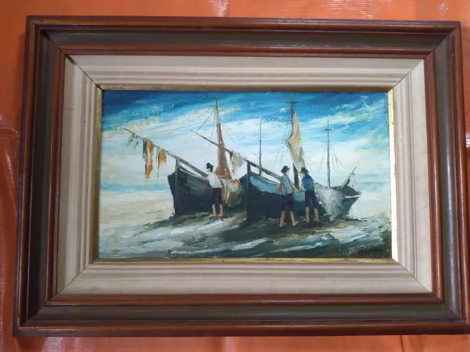 Quadro Óleo sobre tel 1981 barcos e pescadores