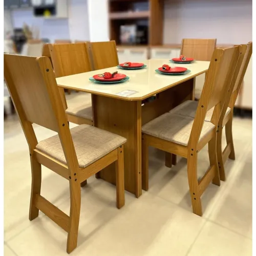 Mesa de Jantar Evora 1,50cm c/ 6 Cadeiras Linho Bege- Entrega Rápida