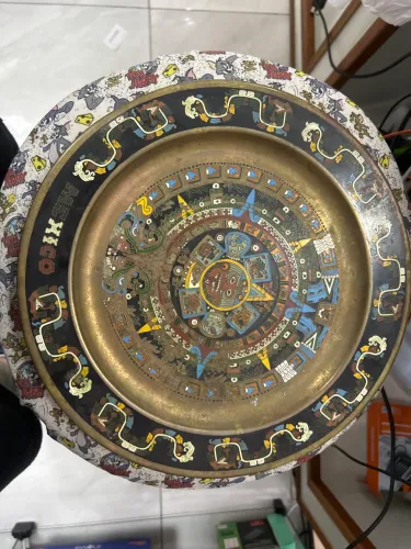 Vintage Mexican Mayan Aztec Brass Enamel Calendar Wall Hanging Plate Mexico